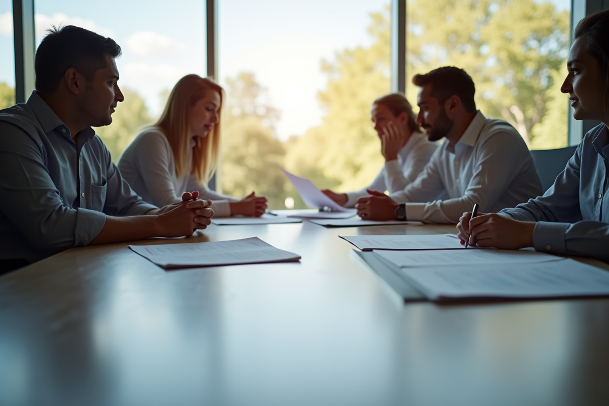 Groupe de personnes discutant autour d'une table en bureau lumineux