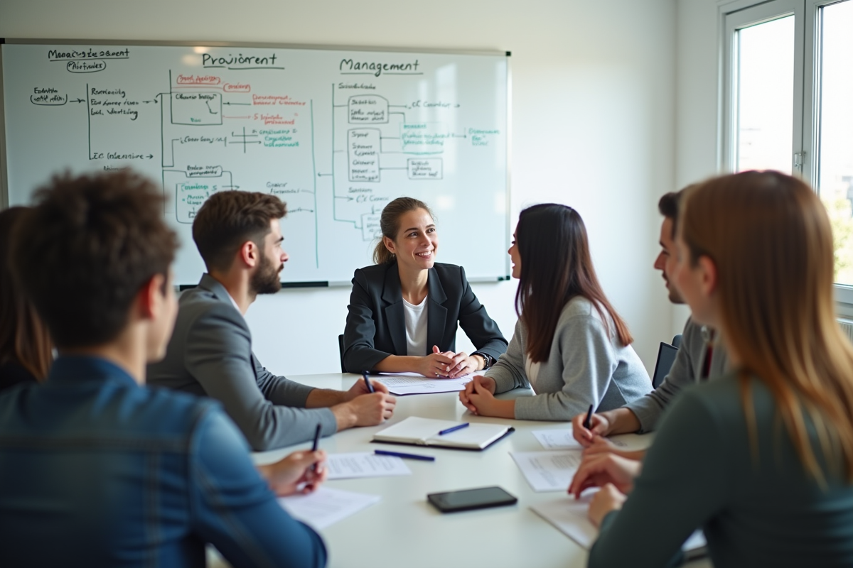 Groupe de jeunes en atelier de gestion dans une salle lumineuse