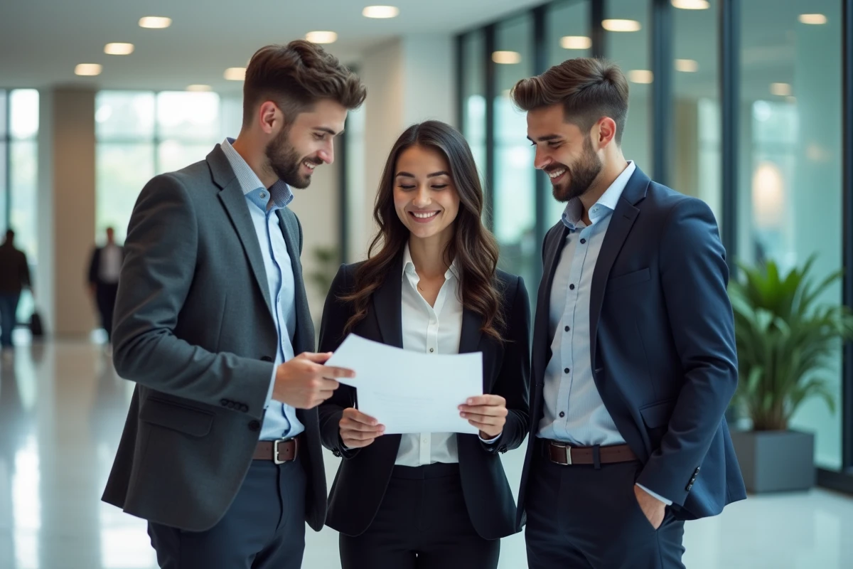 Trois jeunes professionnels discutant dans un hall d