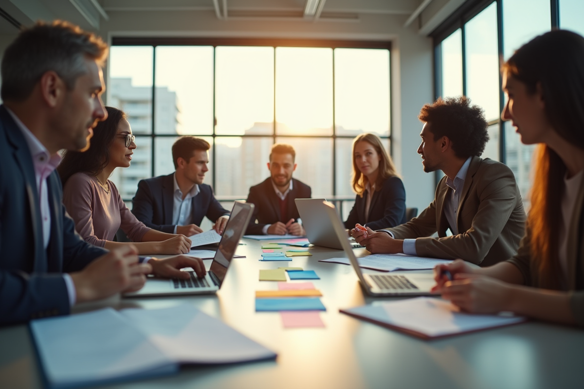 Groupe de professionnels en réunion brainstorming lumineuse