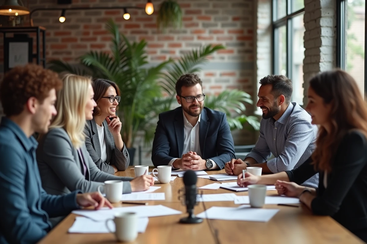 Groupe divers de professionnels en discussion collaborative
