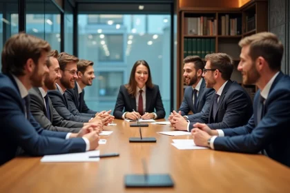 Groupe de professionnels en réunion dans un espace moderne