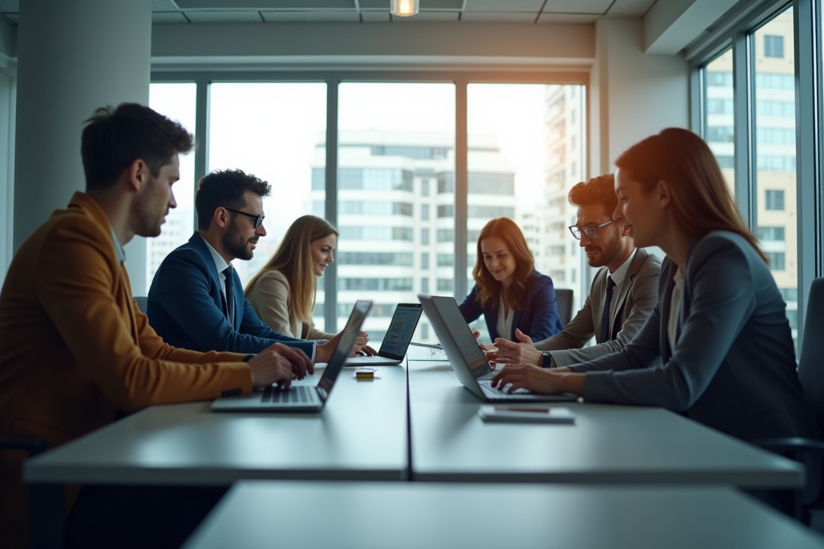 Groupe de professionnels collaborant autour d'une réunion sur Facebook