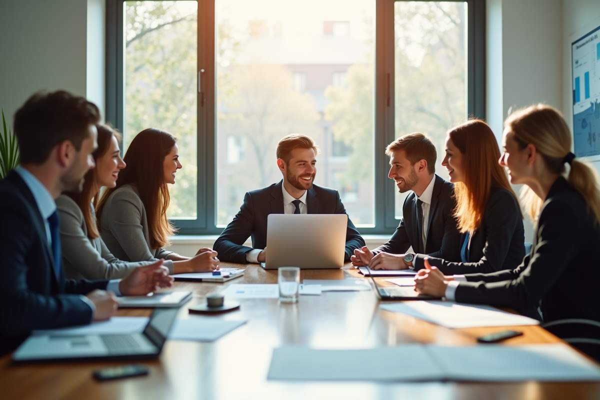 Groupe de professionnels en réunion dans un bureau lumineux