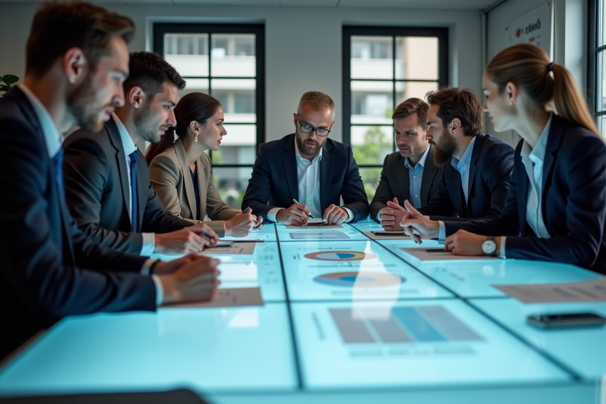 Groupe de professionnels autour d'une table lumineuse en réunion