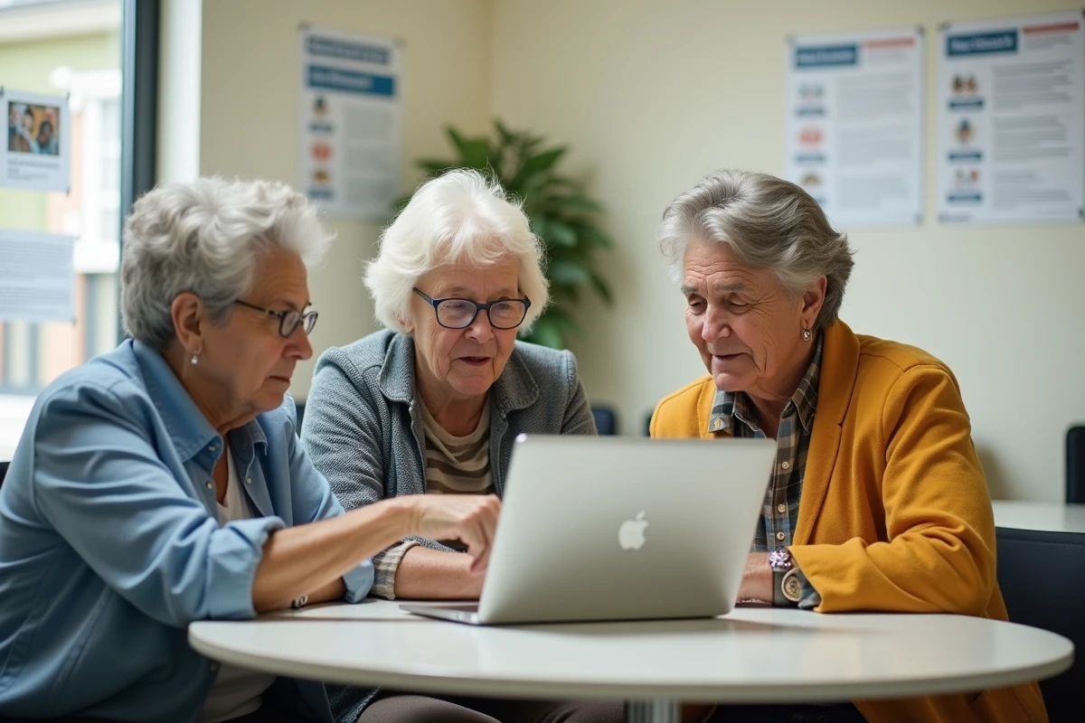 Groupe de seniors consultant des offres d'emploi ensemble dans un centre d'aide à la recherche d'emploi