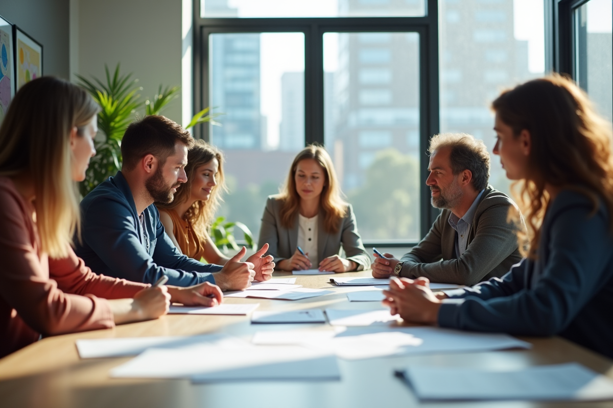 Groupe de personnes discutant autour d'une table en bureau lumineux