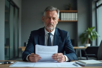 Homme d'affaires en costume examinant des documents officiels