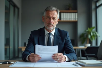 Homme d'affaires en costume examinant des documents officiels