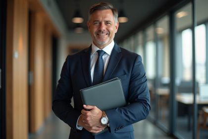 Homme d'affaires en costume navy dans un bureau moderne
