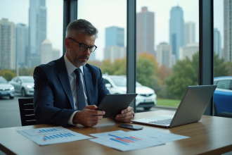 Homme d affaires en costume regardant une tablette dans un bureau moderne