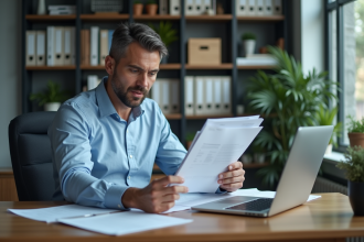 Homme d'affaires en bureau moderne travaillant sur documents et ordinateur