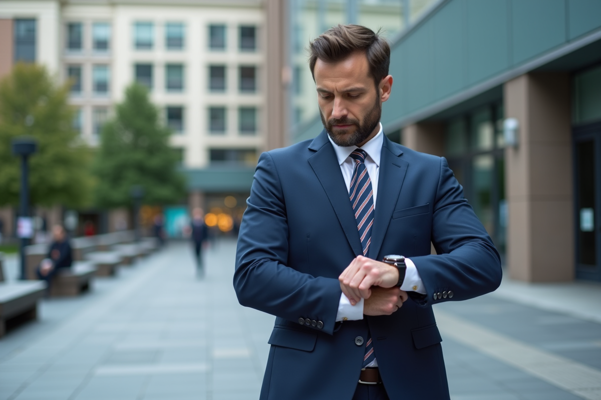 Homme en costume regardant sa montre dans une place urbaine calme