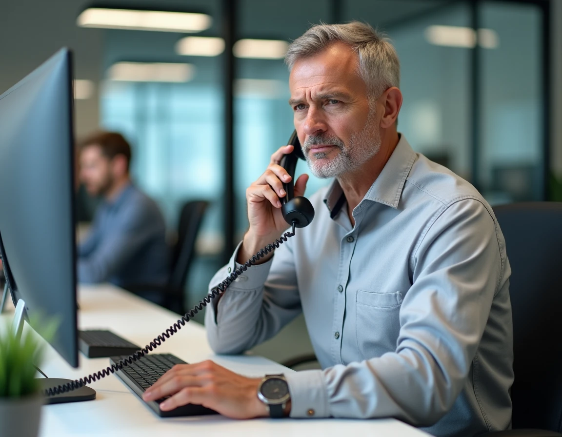 Homme au bureau téléphonant à l'Urssaf pour régulariser un trop-perçu de cotisations sociales