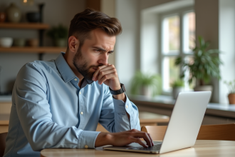 Homme d'affaires étudiant un tableau numérique dans un appartement moderne