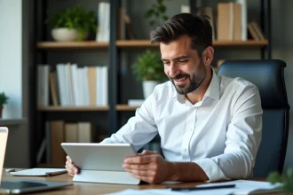 Homme professionnel en bureau moderne en train de lire notes