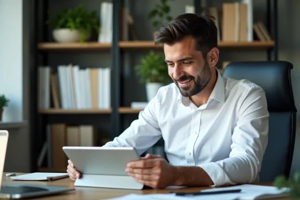 Homme professionnel en bureau moderne en train de lire notes