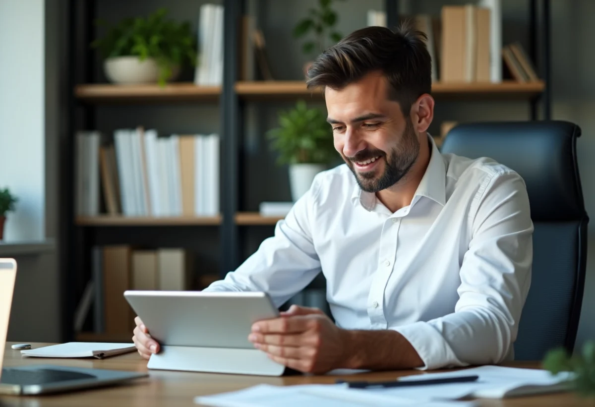 Homme professionnel en bureau moderne en train de lire notes