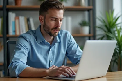 Homme d'&acirc;ge moyen travaillant sur un portail client