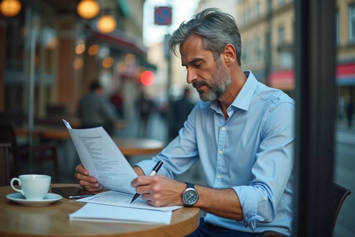 Homme lisant un rapport dans un caf&eacute; urbain anim&eacute;