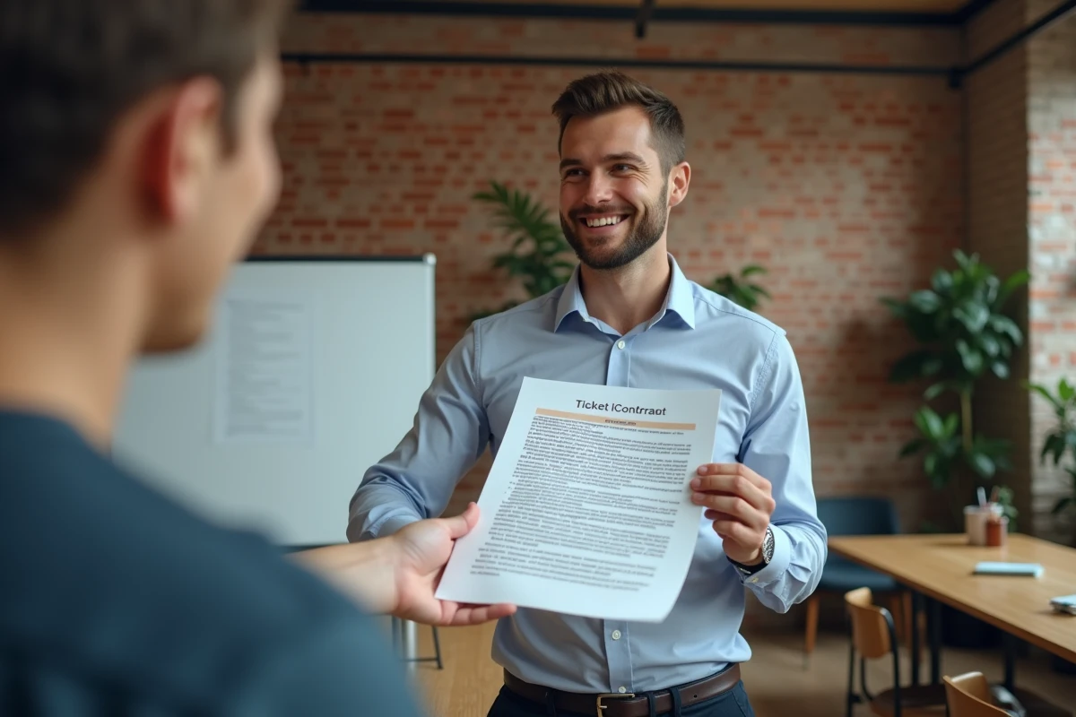 Homme en coworking remettant un contrat avec ticket restaurant