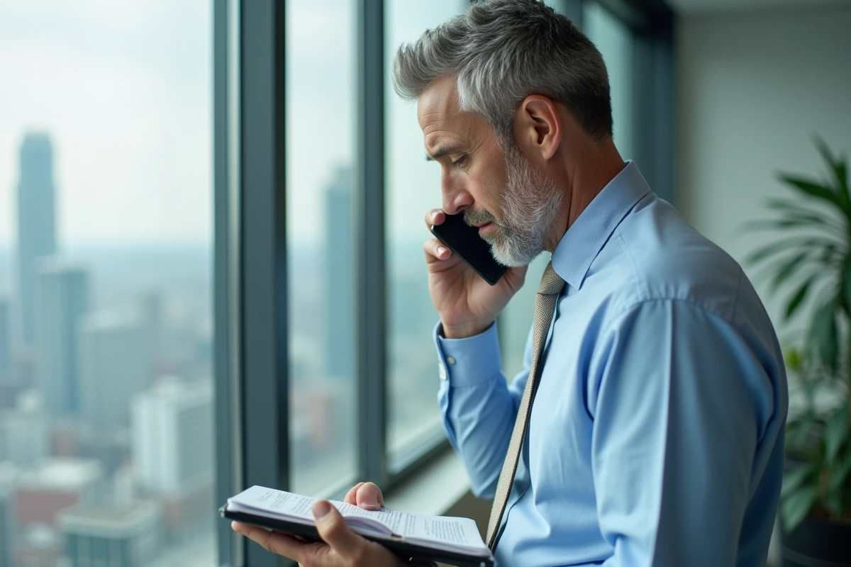 Homme d affaires parlant au t&eacute;l&eacute;phone dans un bureau