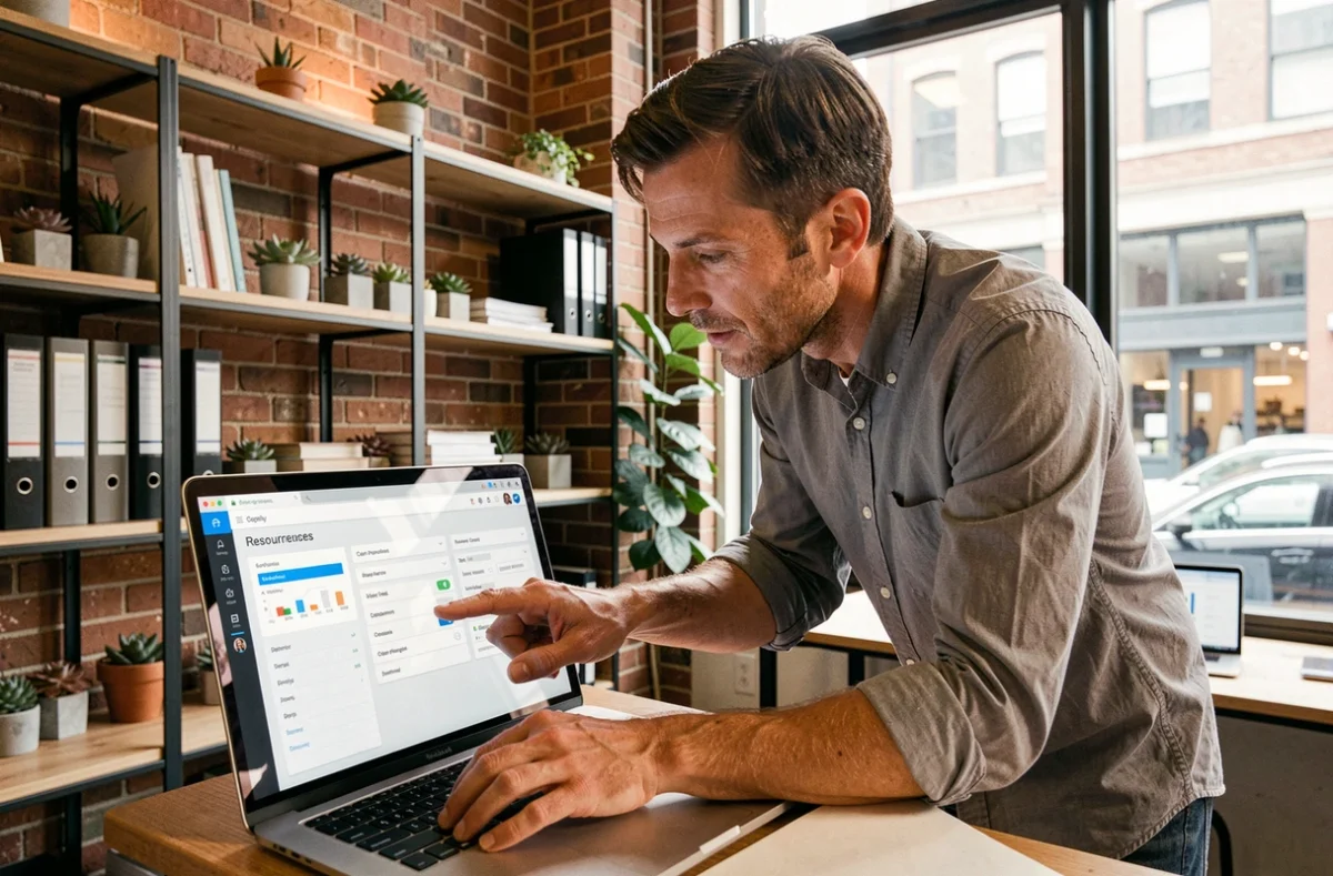 Homme d'affaires utilisant un tableau de bord RH avancé sur laptop dans un espace de coworking moderne