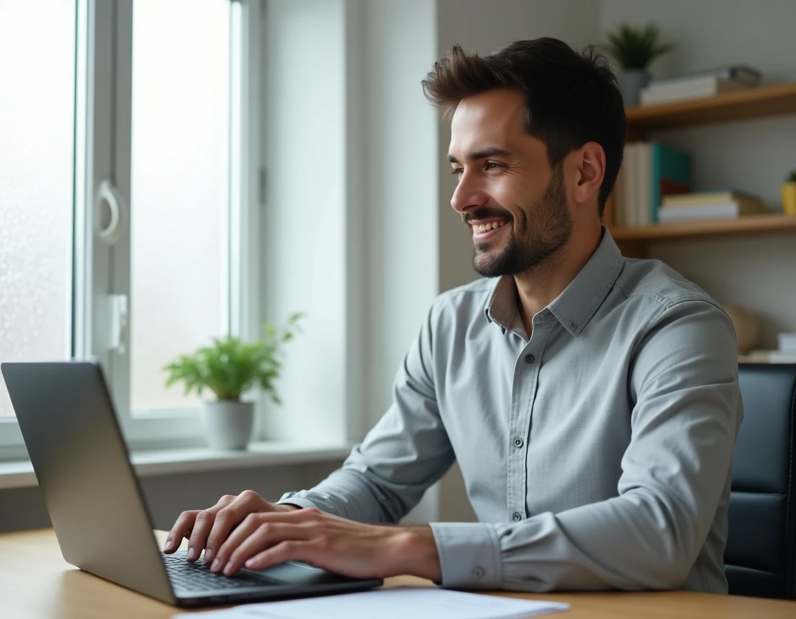 Homme en télétravail rédigeant un email de relance de facture avec formule de politesse