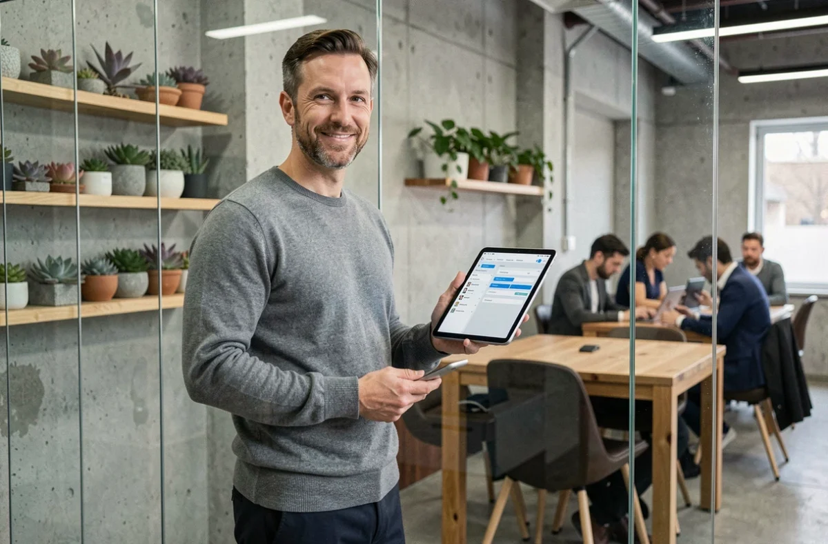 Homme en transition vers le freelance administratif dans un espace de coworking moderne
