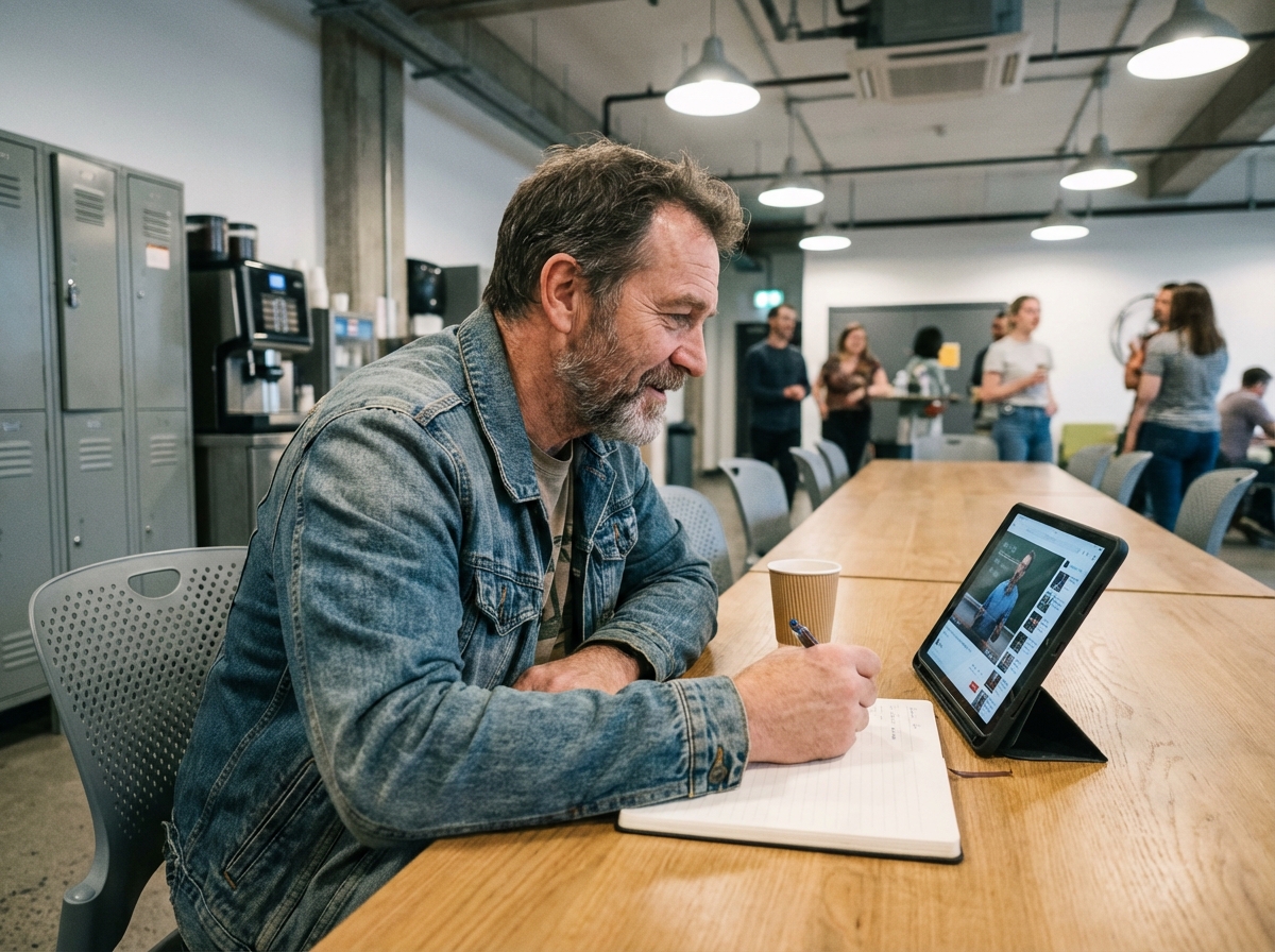 Homme en pause au travail regardant une tablette en milieu professionnel