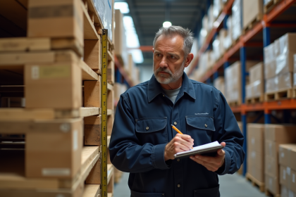 Homme en combinaison de travail mesurant une palette dans un entrepôt