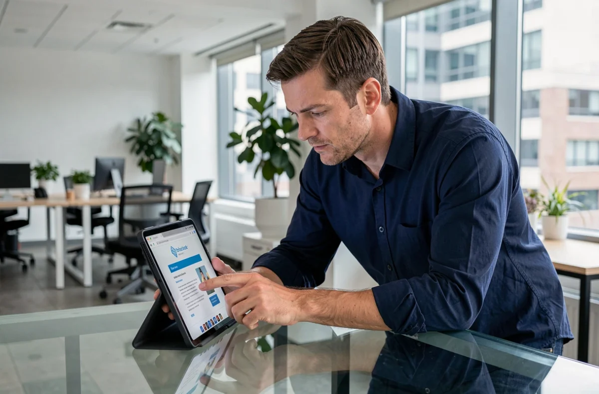Homme consultant la page d'aide Backmarket sur une tablette dans un bureau moderne pour trouver un contact téléphonique
