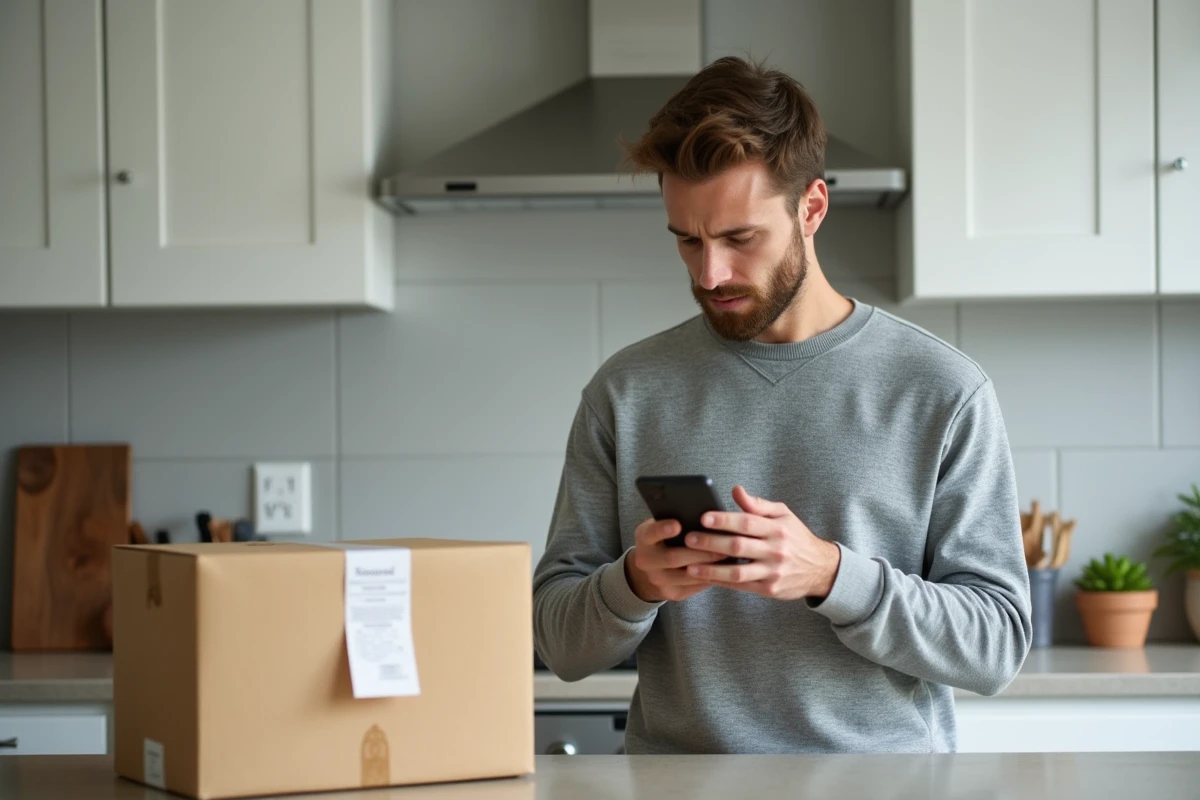 Homme consultant une réclamation DHL avec un colis et un reçu de livraison posés sur le comptoir de cuisine