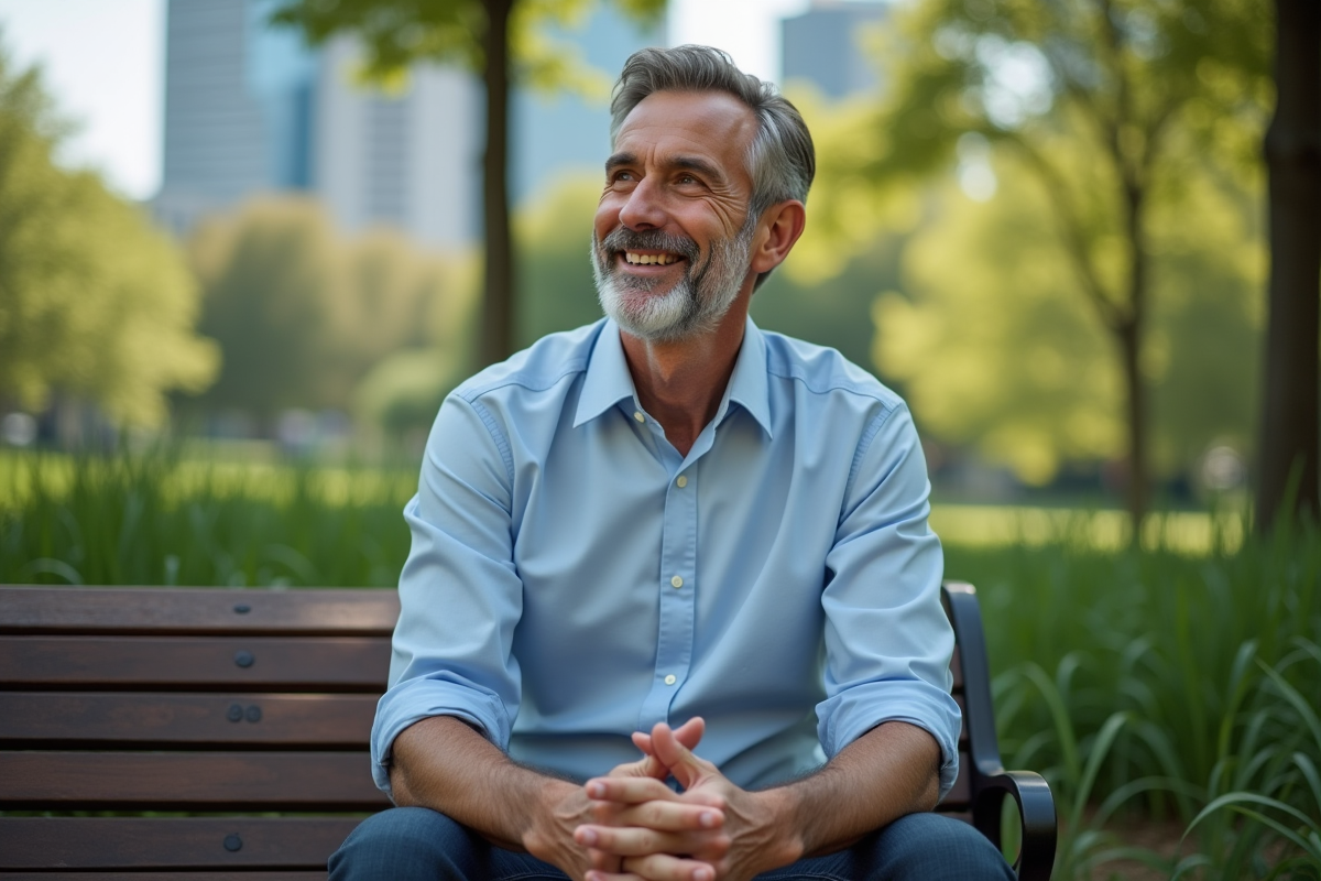 Homme assis sur un banc dans un parc urbain
