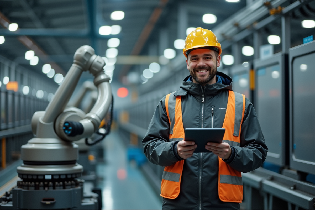 Jeune homme en usine avec bras robotique et tablette