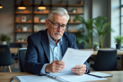 Homme senior en costume examine un CV dans un bureau moderne