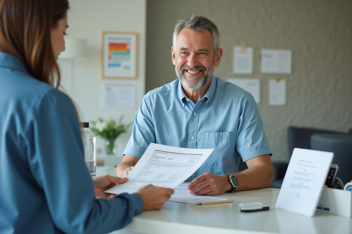 Homme souriant remettant un certificat médical à la réception