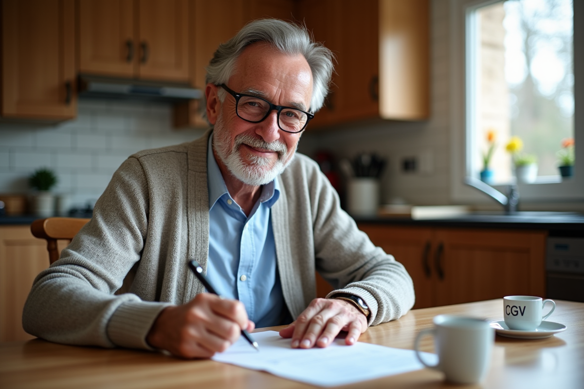 Homme d age signant un document CGV à la maison