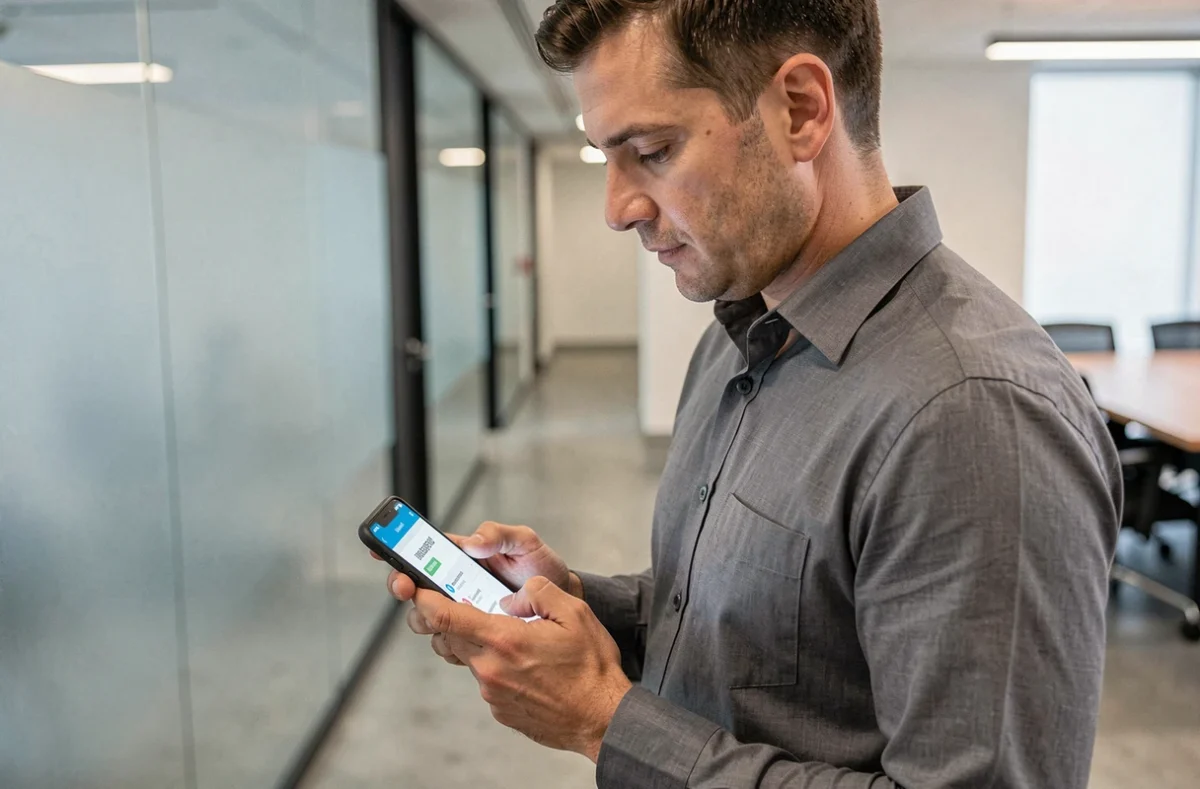 Homme cherchant un contact d'assistance sur son smartphone lors d'une panne d'extranet GTM