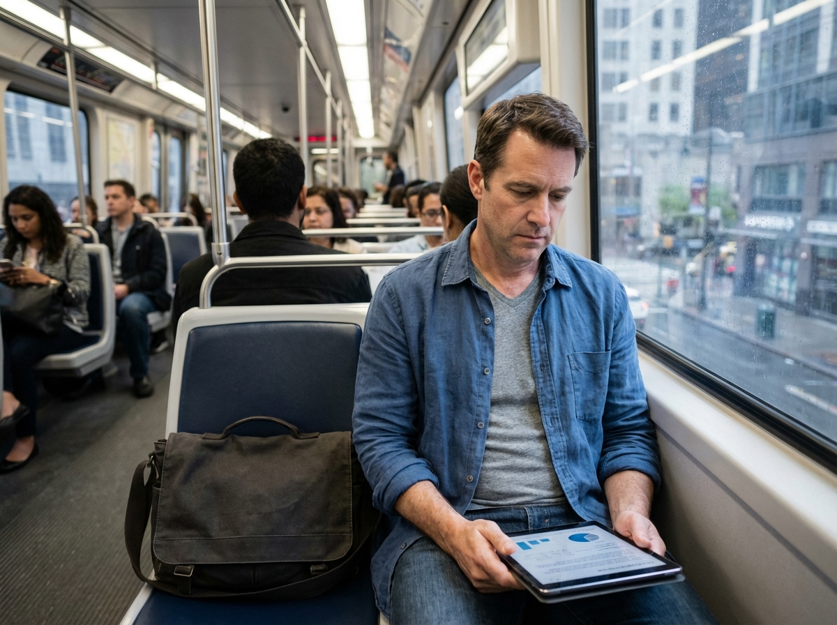 Homme étudiant dans un train en train de lire un cours