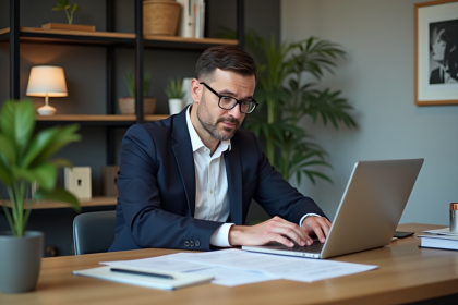 Homme en costume travaillant sur son ordinateur dans un bureau moderne