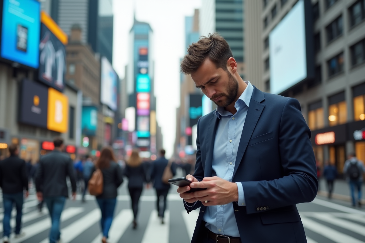 Homme d age moyen dans la ville regardant son smartphone