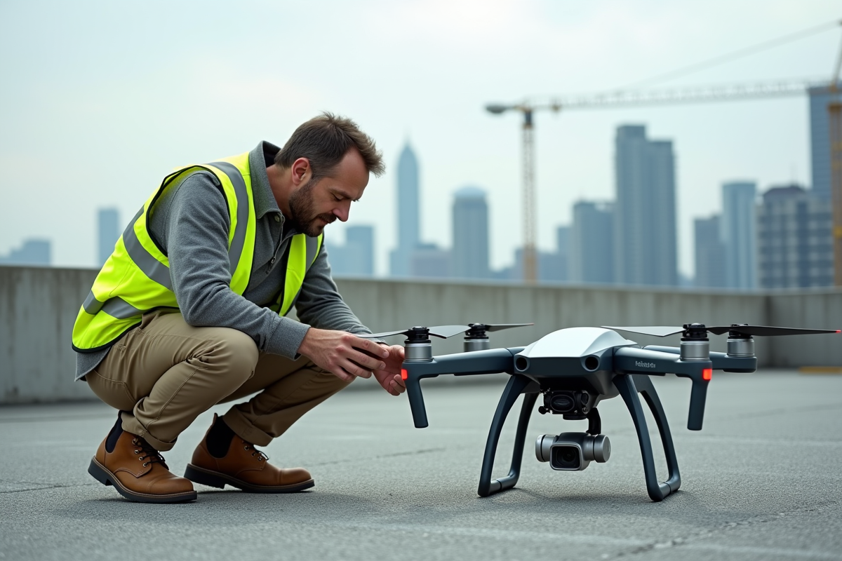 Homme vérifiant un drone sur un toit en ville