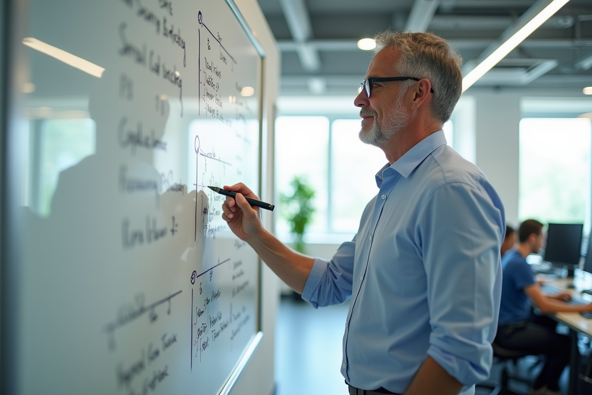 Homme expliquant un diagramme sur un tableau blanc en bureau