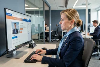 Hôtesse de l'air Air France mettant à jour ses données personnelles sur le portail intranet Intraligne depuis son bureau