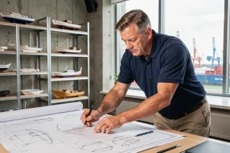 Ingénieur équipementier nautique analysant des plans techniques dans un bureau industriel avec vue sur un chantier naval
