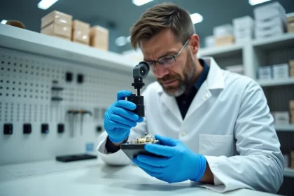 Inspecteur qualité en blouse blanche examinant un appareil électronique avec une loupe pour vérifier le marquage CE dans un laboratoire de conformité industrielle