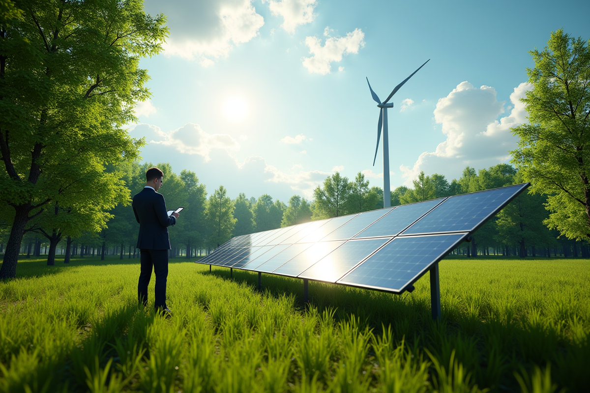 Personne inspectant site d energie renouvelable en forêt
