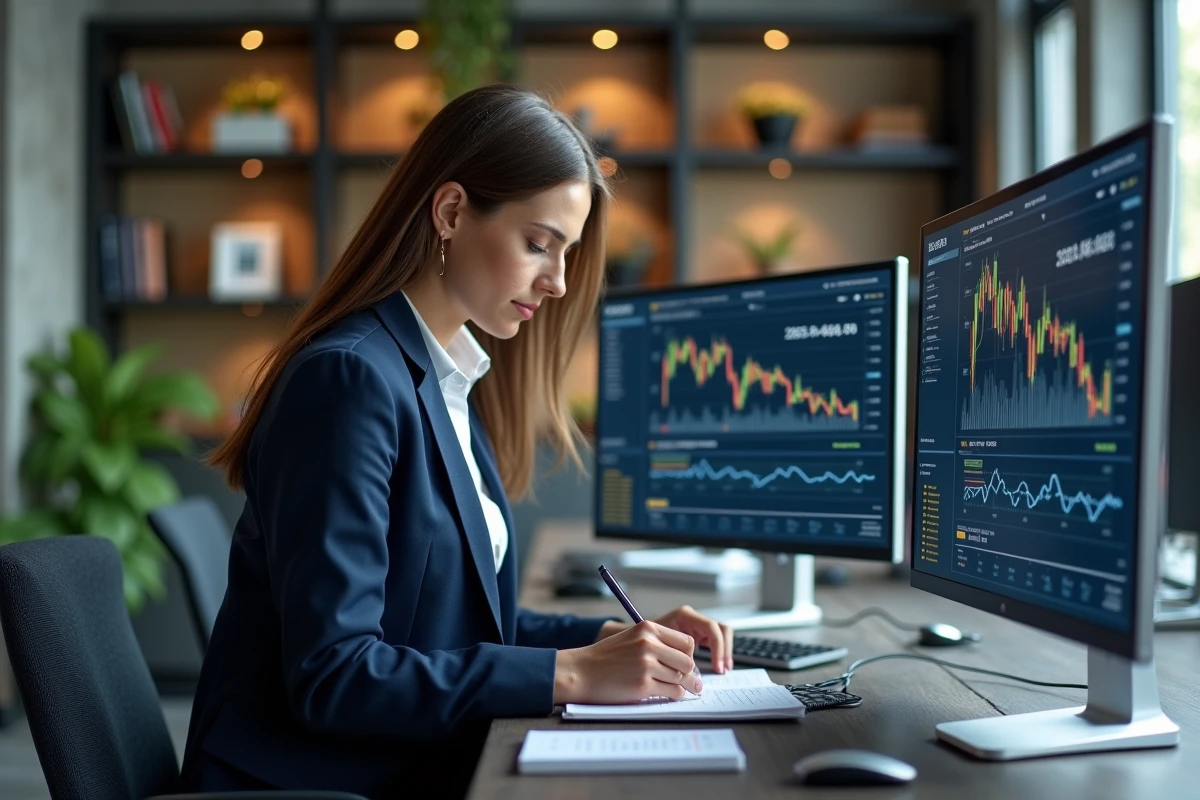 Investisseuse analysant des tableaux de bord financiers et des données d'entreprise sur plusieurs écrans