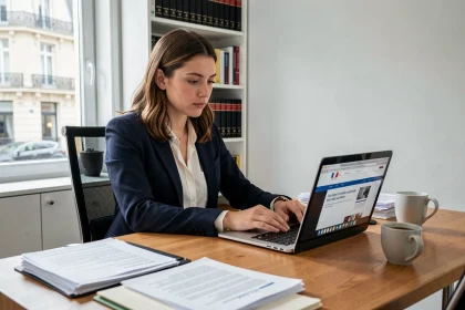 Jeune avocate en blazer marine révisant des documents administratifs liés au code NAF dans un bureau à domicile professionnel